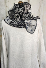 Load image into Gallery viewer, upcycled scarf, swag scarf, sweater scarf, cowl neck scarf, handmade scarf, couture trend, eco-conscious, josie t. designs, reclaimed textiles, repurposed textiles, repurposed fabric projects, DIY upcycled scarf, re-purposed fabric projects, textile art scarf, upcycled couture fabric neck cowl scarf, boho chic
