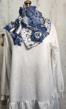 Load image into Gallery viewer, upcycled scarf, swag scarf, sweater scarf, cowl neck scarf, handmade scarf, couture trend, eco-conscious, josie t. designs, reclaimed textiles, repurposed textiles, repurposed fabric projects, DIY upcycled scarf, re-purposed fabric projects, textile art scarf, upcycled couture fabric neck cowl scarf, boho chic
