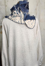 Load image into Gallery viewer, upcycled scarf, swag scarf, sweater scarf, cowl neck scarf, handmade scarf, couture trend, eco-conscious, josie t. designs, reclaimed textiles, repurposed textiles, repurposed fabric projects, DIY upcycled scarf, re-purposed fabric projects, textile art scarf, upcycled couture fabric neck cowl scarf, boho chic
