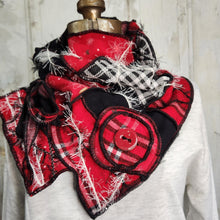 Load image into Gallery viewer, upcycled scarf, swag scarf, sweater scarf, cowl neck scarf, handmade scarf, couture trend, eco-conscious, josie t. designs, reclaimed textiles, repurposed textiles, repurposed fabric projects, DIY upcycled scarf, re-purposed fabric projects, textile art scarf, upcycled couture fabric neck cowl scarf, boho chic
