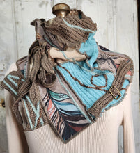 Load image into Gallery viewer, upcycled scarf, swag scarf, sweater scarf, cowl neck scarf, handmade scarf, couture trend, eco-conscious, josie t. designs, reclaimed textiles, repurposed textiles, repurposed fabric projects, DIY upcycled scarf, re-purposed fabric projects, textile art scarf, upcycled couture fabric neck cowl scarf, boho chic
