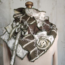 Load image into Gallery viewer, upcycled scarf, swag scarf, sweater scarf, cowl neck scarf, handmade scarf, couture trend, eco-conscious, josie t. designs, reclaimed textiles, repurposed textiles, repurposed fabric projects, DIY upcycled scarf, re-purposed fabric projects, textile art scarf, upcycled couture fabric neck cowl scarf, boho chic
