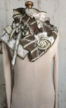Load image into Gallery viewer, upcycled scarf, swag scarf, sweater scarf, cowl neck scarf, handmade scarf, couture trend, eco-conscious, josie t. designs, reclaimed textiles, repurposed textiles, repurposed fabric projects, DIY upcycled scarf, re-purposed fabric projects, textile art scarf, upcycled couture fabric neck cowl scarf, boho chic
