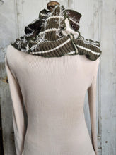 Load image into Gallery viewer, upcycled scarf, swag scarf, sweater scarf, cowl neck scarf, handmade scarf, couture trend, eco-conscious, josie t. designs, reclaimed textiles, repurposed textiles, repurposed fabric projects, DIY upcycled scarf, re-purposed fabric projects, textile art scarf, upcycled couture fabric neck cowl scarf, boho chic
