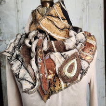 Load image into Gallery viewer, upcycled scarf, swag scarf, sweater scarf, cowl neck scarf, handmade scarf, couture trend, eco-conscious, josie t. designs, reclaimed textiles, repurposed textiles, repurposed fabric projects, DIY upcycled scarf, re-purposed fabric projects, textile art scarf, upcycled couture fabric neck cowl scarf, boho chic
