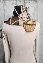 Load image into Gallery viewer, upcycled scarf, swag scarf, sweater scarf, cowl neck scarf, handmade scarf, couture trend, eco-conscious, josie t. designs, reclaimed textiles, repurposed textiles, repurposed fabric projects, DIY upcycled scarf, re-purposed fabric projects, textile art scarf, upcycled couture fabric neck cowl scarf, boho chic
