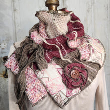 Load image into Gallery viewer, upcycled scarf, swag scarf, sweater scarf, cowl neck scarf, handmade scarf, couture trend, eco-conscious, josie t. designs, reclaimed textiles, repurposed textiles, repurposed fabric projects, DIY upcycled scarf, re-purposed fabric projects, textile art scarf, upcycled couture fabric neck cowl scarf, boho chic
