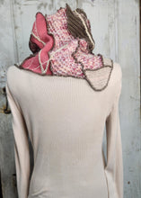Load image into Gallery viewer, upcycled scarf, swag scarf, sweater scarf, cowl neck scarf, handmade scarf, couture trend, eco-conscious, josie t. designs, reclaimed textiles, repurposed textiles, repurposed fabric projects, DIY upcycled scarf, re-purposed fabric projects, textile art scarf, upcycled couture fabric neck cowl scarf, boho chic
