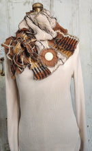 Load image into Gallery viewer, upcycled scarf, swag scarf, sweater scarf, cowl neck scarf, handmade scarf, couture trend, eco-conscious, josie t. designs, reclaimed textiles, repurposed textiles, repurposed fabric projects, DIY upcycled scarf, re-purposed fabric projects, textile art scarf, upcycled couture fabric neck cowl scarf, boho chic
