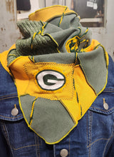 Load image into Gallery viewer, green bay packer scarf, upcycled cowl neck sweater scarf, packer apparel, shops green bay

