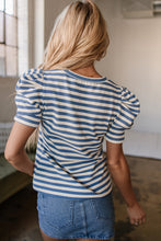 Load image into Gallery viewer, Blue Stripe America Cursive Graphic Puff Sleeve T-shirt
