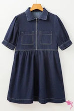 Load image into Gallery viewer, Dirty blue Zipped up Bodice Collared Short Puff Sleeve Denim Dress

