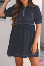 Load image into Gallery viewer, Dirty blue Zipped up Bodice Collared Short Puff Sleeve Denim Dress
