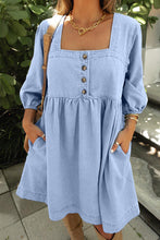 Load image into Gallery viewer, Beau Blue Denim Button Detail Babydoll Square Neck Mini Dress
