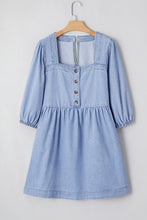 Load image into Gallery viewer, Beau Blue Denim Button Detail Babydoll Square Neck Mini Dress
