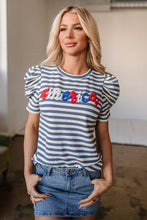 Load image into Gallery viewer, Blue Stripe America Cursive Graphic Puff Sleeve T-shirt
