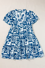 Load image into Gallery viewer, Blue Ricrac Trim Split Neck Floral Loose Dress
