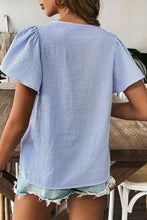 Load image into Gallery viewer, Sky Blue Stripe Textured Ruffle Short Sleeve Boho Detail Square Neck Blouse
