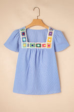 Load image into Gallery viewer, Sky Blue Stripe Textured Ruffle Short Sleeve Boho Detail Square Neck Blouse
