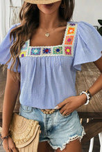Load image into Gallery viewer, Sky Blue Stripe Textured Ruffle Short Sleeve Boho Detail Square Neck Blouse
