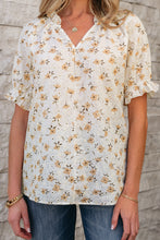Load image into Gallery viewer, White Floral Eyelet Embroidered Puff Sleeve Notch V Neck Blouse
