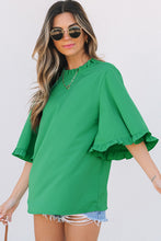 Load image into Gallery viewer, Green Frilly Round Neck Wide Half Sleeve Blouse
