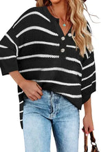 Load image into Gallery viewer, Black Stripe Henley Buttoned Placket Drop Shoulder Bracelet Sleeve Knit Sweater Tee
