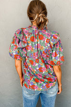 Load image into Gallery viewer, Red Floral Tie Split Neck Ruffle Puff Sleeve Blouse
