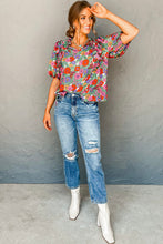 Load image into Gallery viewer, Red Floral Tie Split Neck Ruffle Puff Sleeve Blouse
