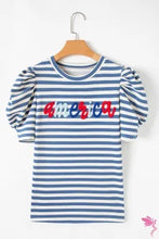 Load image into Gallery viewer, Blue Stripe America Cursive Graphic Puff Sleeve T-shirt
