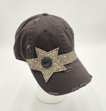 Load image into Gallery viewer, distressed baseball cap, vintage hat, boho hat, handmade hat,  shabby chic hat, rustic style hat, women’s casual hat, adjustable baseball cap, boutique fashion accessories 


