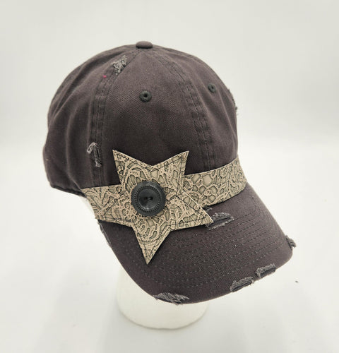 distressed baseball cap, vintage hat, boho hat, handmade hat,  shabby chic hat, rustic style hat, women’s casual hat, adjustable baseball cap, boutique fashion accessories 

