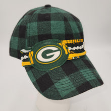 Load image into Gallery viewer, plaid green bay packers baseball cap embellished with fabric trim and packer g logo
