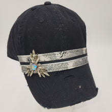 Load image into Gallery viewer, black embellished baseball cap with fabric rim and decorative pin
