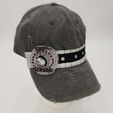 Load image into Gallery viewer, gray embellished baseball cap with fabric trim and decorative felt and button
