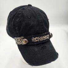 Load image into Gallery viewer, black embellished handmade baseball cap with leopard trim and vintage buttons
