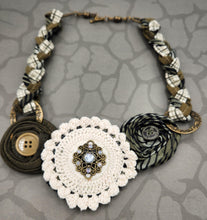 Load image into Gallery viewer, Textile necklace, upcycled jewelry, re-purposed jewelry, boho, handmade necklace
