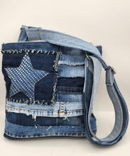 Load image into Gallery viewer, upcycled denim bag
denim crossbody bag
recycled jean purse
handmade denim handbag
patchwork denim bag
eco friendly purse
sustainable fashion accessory
denim star purse
artisan denim bag
one of a kind handbag
josie t designs
