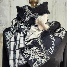 Load image into Gallery viewer, upcycled patchwork cowl neck scarf black and white with blessed saying
