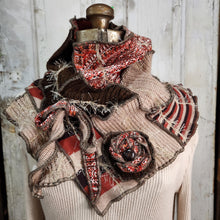 Load image into Gallery viewer, brown, orange, and cream handmade cowl neck sweater scarf with button detail
