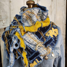 Load image into Gallery viewer, navy blue and gold handmade cowl neck sweater scarf with gold ring embellishment
